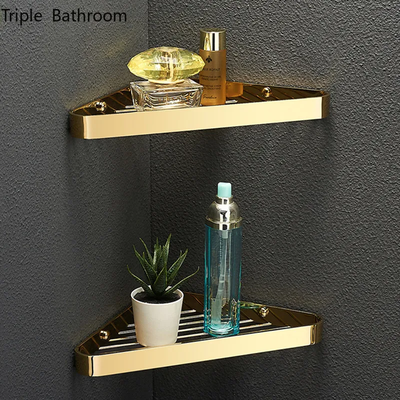 Punch-free Brass Shower Basket Triangle Shape Corner Stand Washing Supplies Storage Holders Bathroom Accessories Shelf