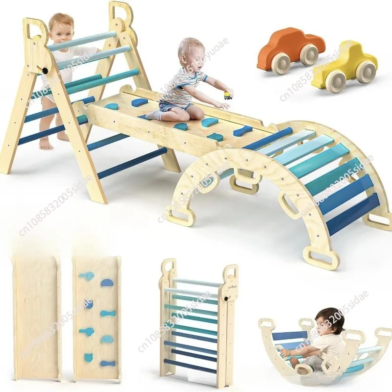 7 In 1 Indoor Wooden Kids Climbing Frame Arch Folding Slide Sensory Integration Training Toy For Baby Toddler Playground