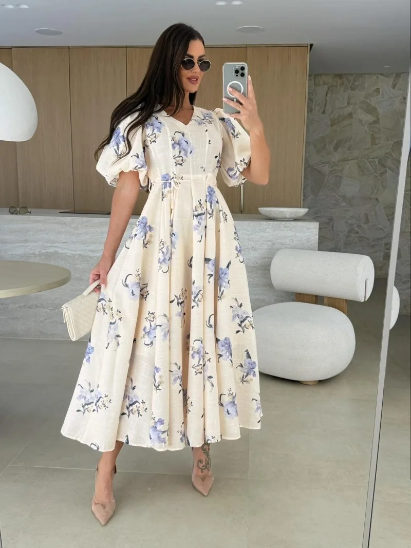 Trendy Floral Print Dress with Puff Sleeves V-neck Full Skirt and A Fresh Fitted Waist Floral Ankle-length Dress for Women