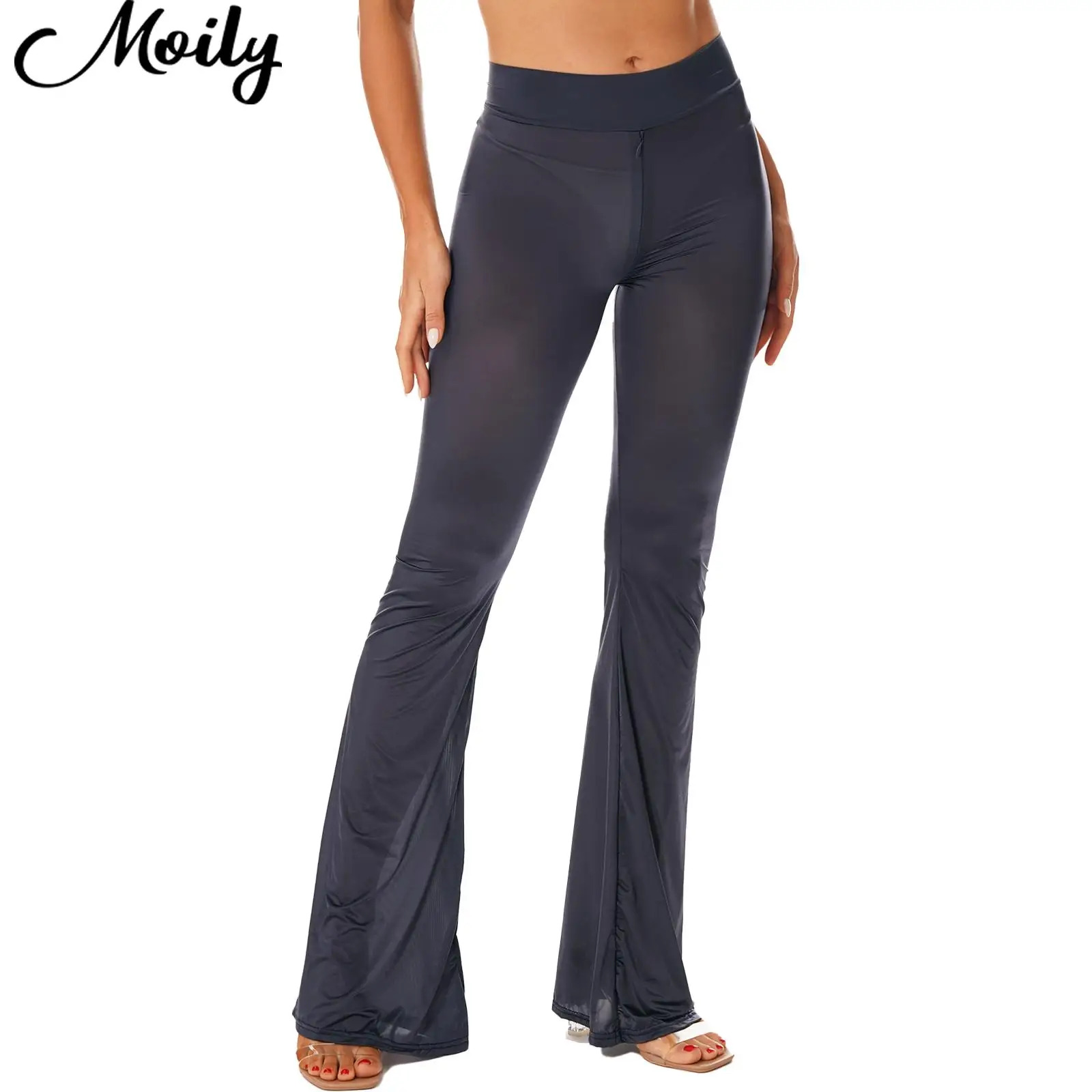 Women Skinny Yoga Workout Flared Pants See-Through Sexy Exotic Pants Zipper Crotch Bell-Bottomed Trousers Club Pole Dancing Wear