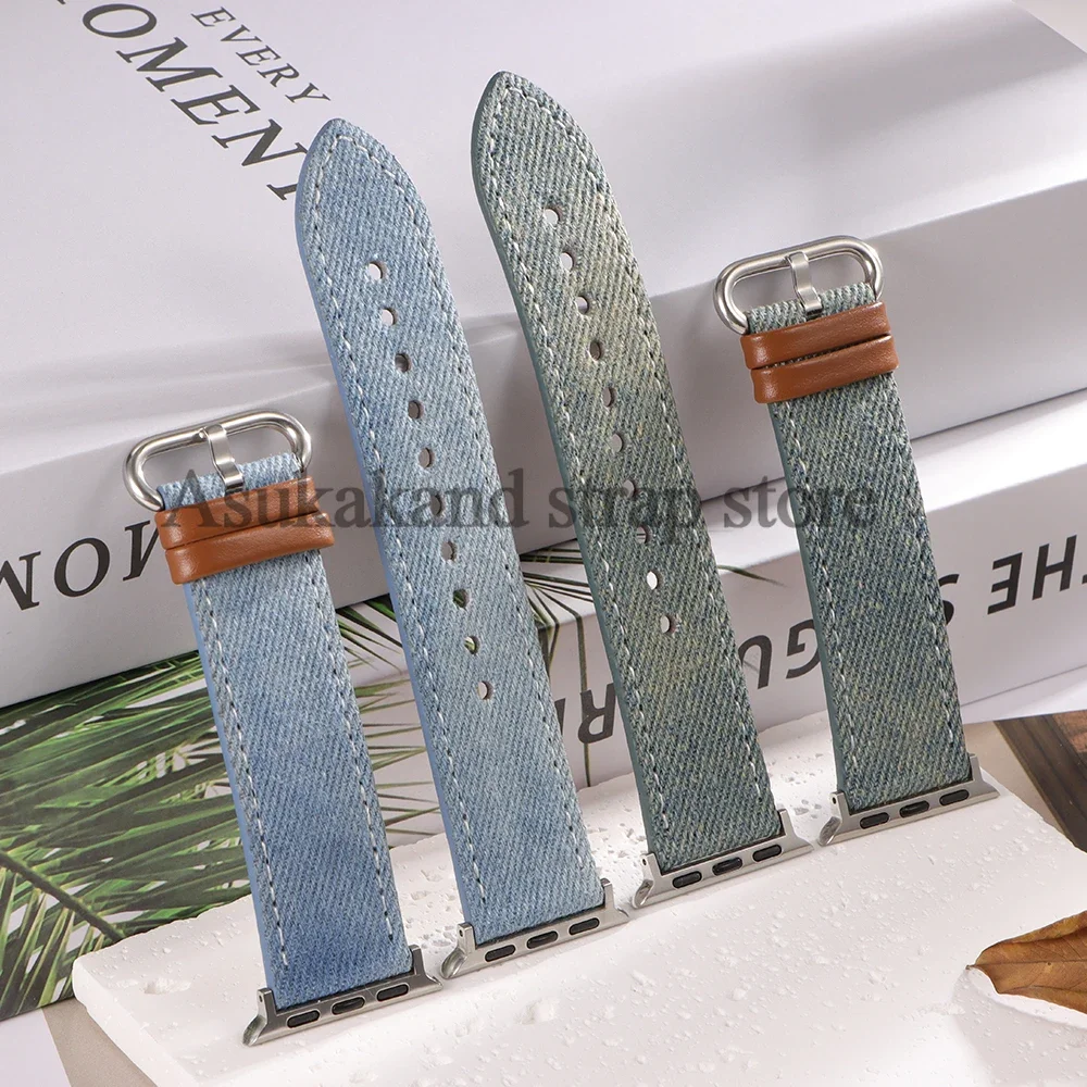 Blue Cowboy Material Canvas Cowhide Men Women Strap for Apple Watch7 8 Band  for Iwatch Series 10 9 Band 42 44mm 45mm 46mm 49mm