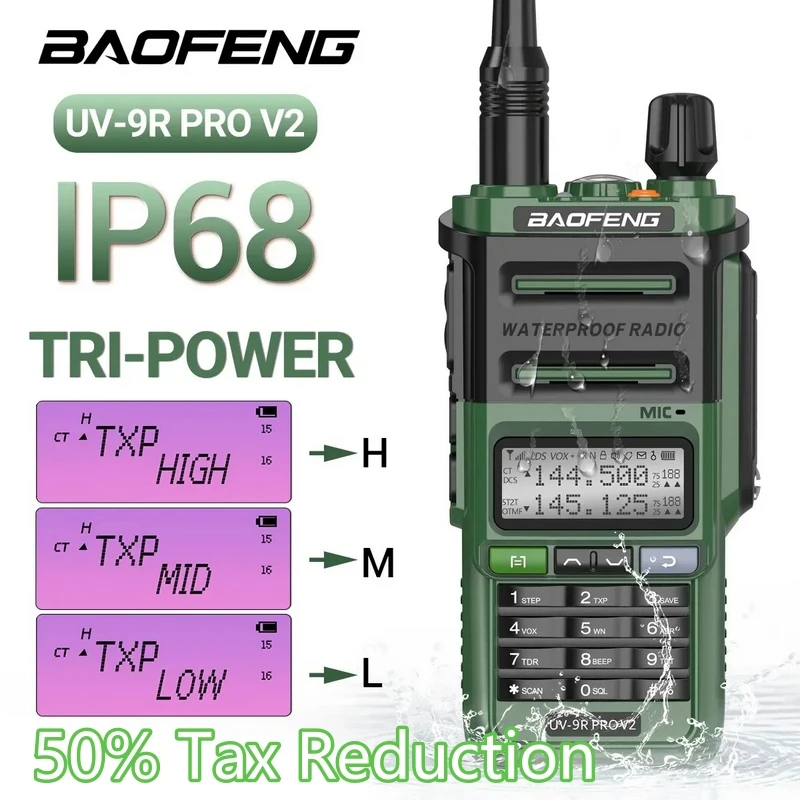 Baofeng-walkie-talkie UV 9R PRO V2, resistente al agua IP68, alta potencia, banda Dual, UHF, VHF, cargador tipo C, largo alcance, Radio CB,