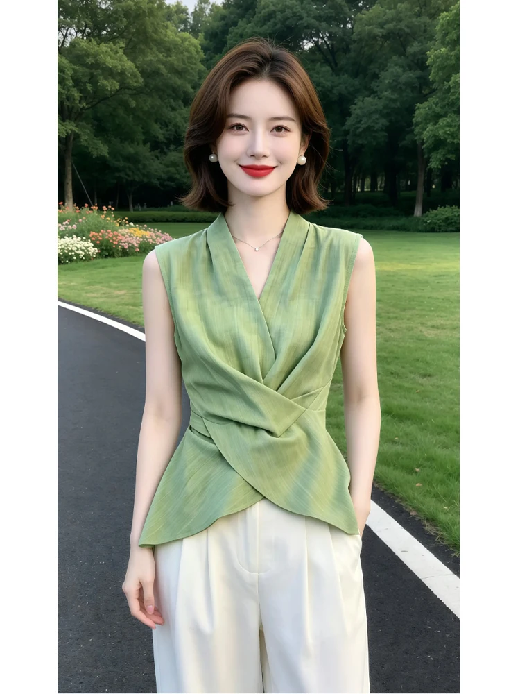 

Korean Style Casual Knot Waist Sleeveless Shirt Women's Summer Fashion Slimming Versatile Commute Shirt Breathable V-neck
