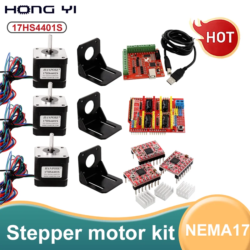 

42 Stepper Motor Kit 4 Lead + CNC Shielded V3 + 4 Driver Expansion Board + Bracket 3D Printing 17HS4401S 1.7A 40N.cm Nema 17