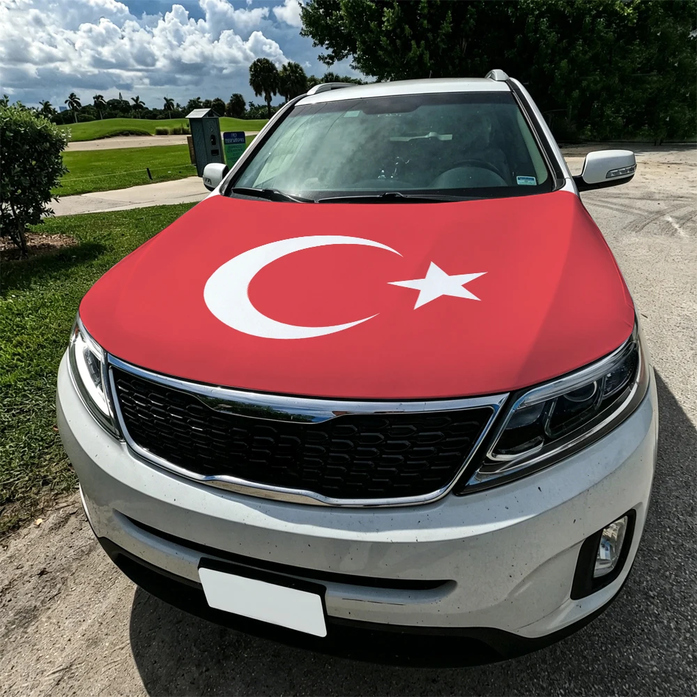 3.8x5.3ft Turkey Car Hood Cover Flag Türkiye Car Bonnet Banner Elastic Fabrics Windproof Patriotic Automotive Hood Covers