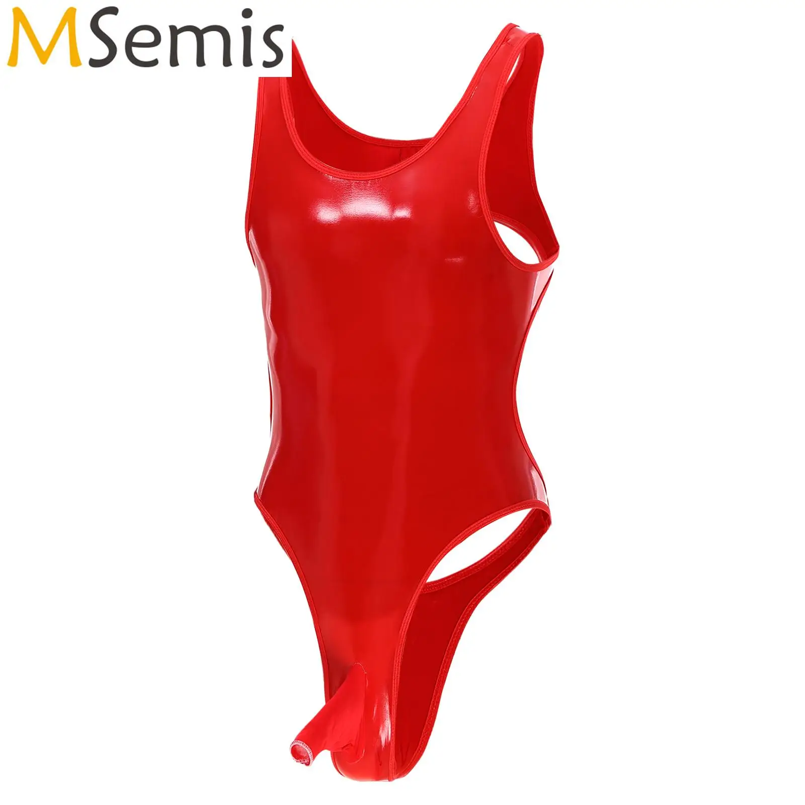 

Mens Lingerie Bulge Pouch Sleeveless Bodysuit Wet Look Clubwear Patent Leather U Neck Cutout Back High Cut Leotard