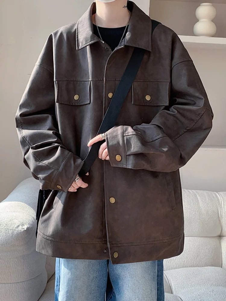 

Retro American Leather Jaet Men's Spring Autumn 2024 New High-End Cool Motorcycle Sle Stand Collar PU Leather Jaet