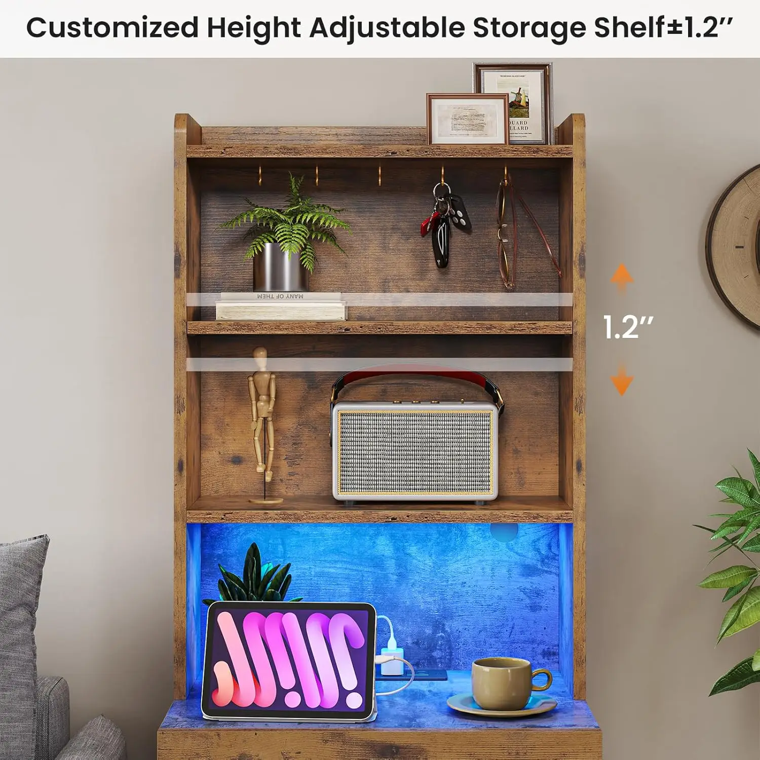 Tall Nightstand with Charging Station and LED Lights, Rustic Brown Night Stand with Bookshelf, Modern LED Bedside, Customized - view 6