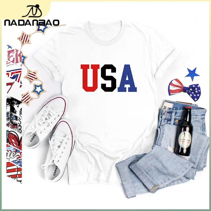 Nadanbao T-shirt grafiche con lettere USA per donna T-shirt estiva a maniche corte con stampa patriottica bianca Abbigliamento casual per le vacanze