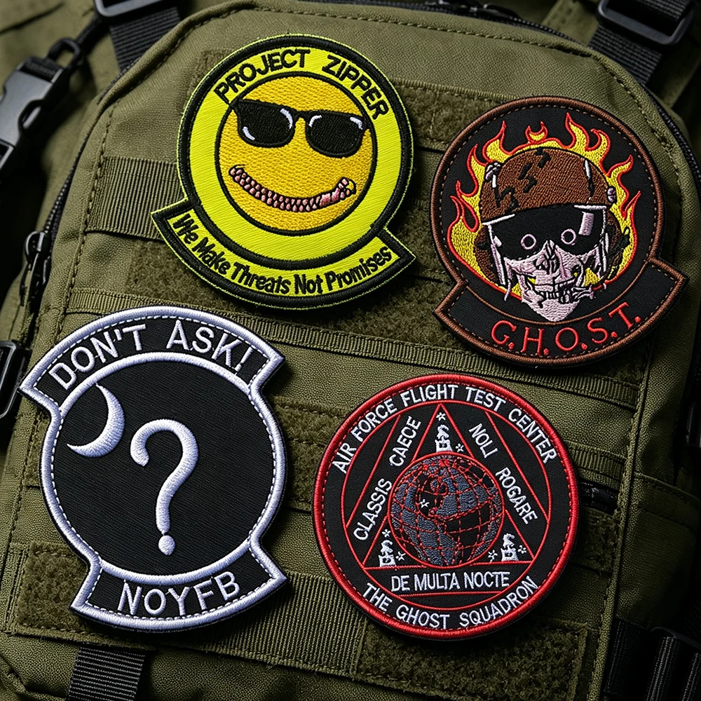 4Pcs Mix Embroidered Hook and Loop Patches Set Skull Smile Face Question Mark Round Badge for Backpack Vest Cap Clothing Decor