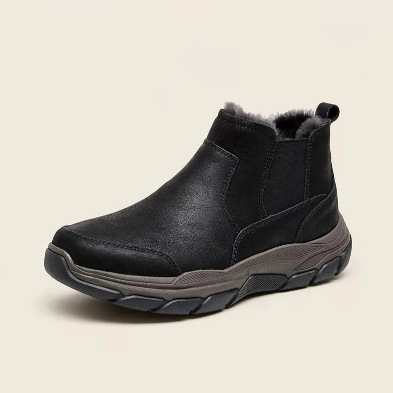 Men Genuine Leather Winter Chelsea Boots Wool Lining Elastic Gore Slip on Anti Slip Rugged Outdoors Ankle Snow Boots