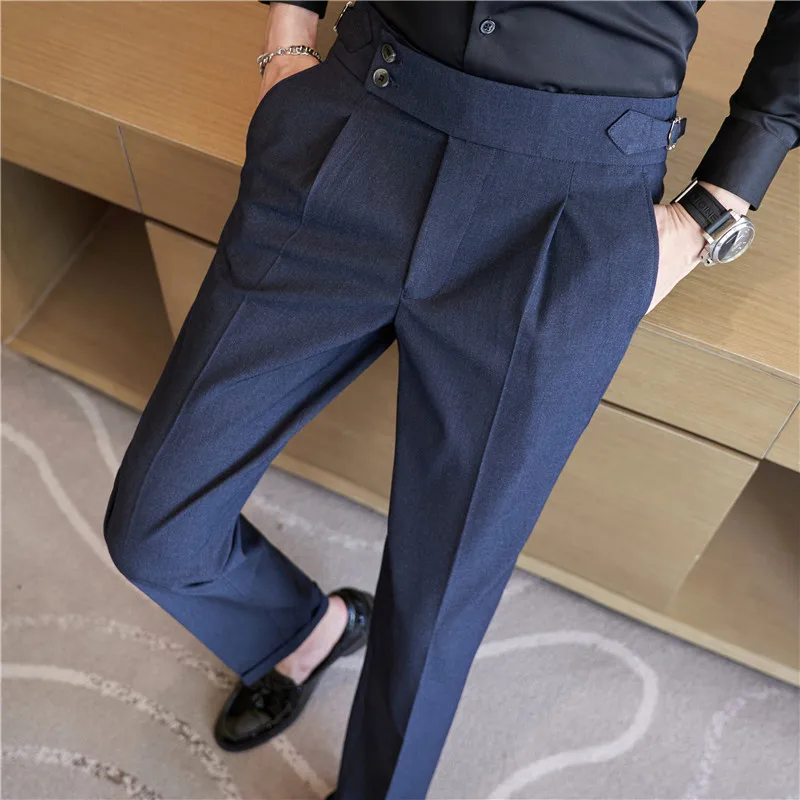 British Style Men High Waist Casual Dress Pant Men Belt Design Pink Trousers Formal Office Social Wedding Party Dress Suit Pants