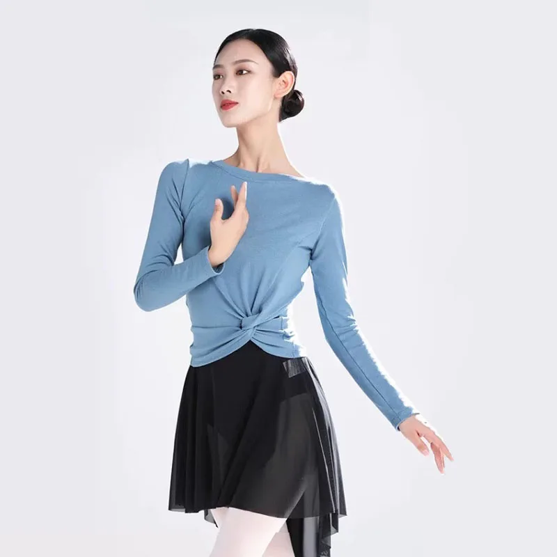 Women Modern Dance Top Long Sleeve Training Dance top Lyrical Dance Practice Dancewear Round neck side twisted yoga Wear