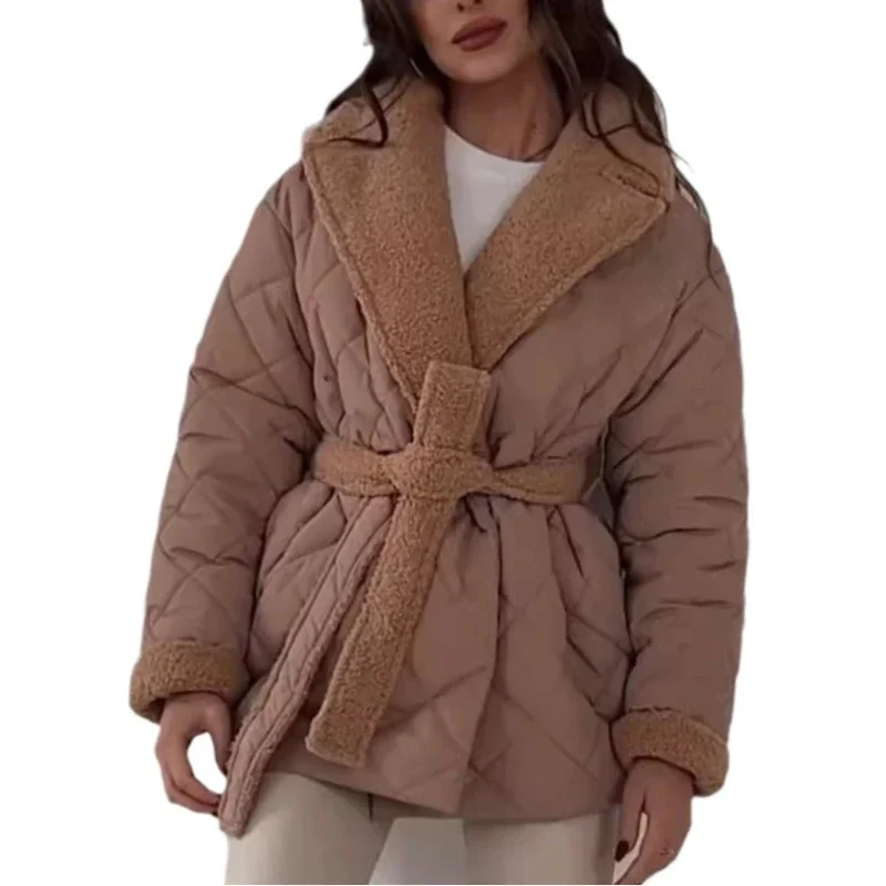 Comfortable And Casual Ladies Cotton-Padded Jacket Lapel Waist Lace-Up Coat Women's  Winter Warm Fashion Design Women's Clothing