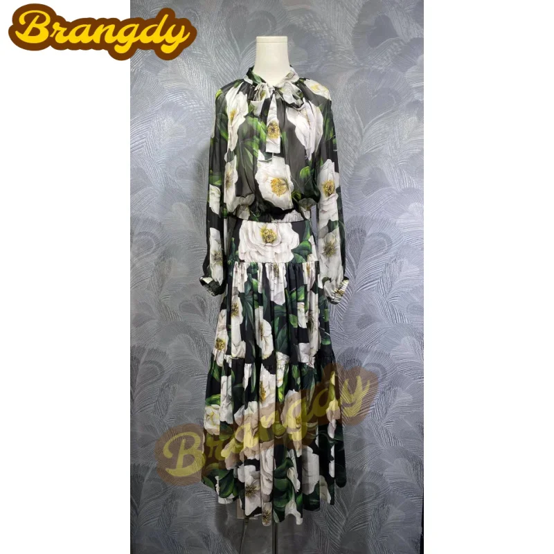 

Brangdy Luxury 2025 Summer New Bow Tie Silk Printed Top with Mid-Length Dress Set