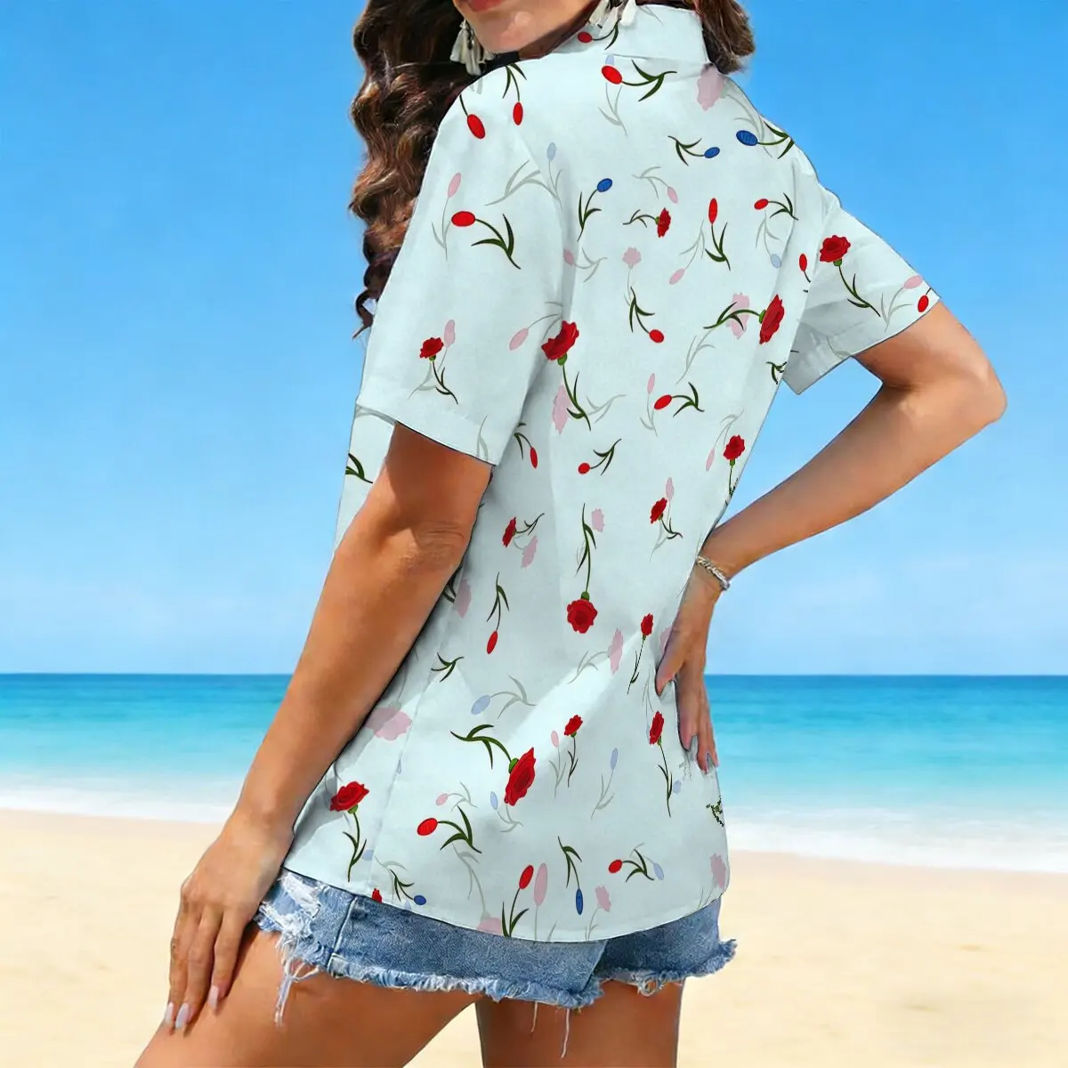 Women's Summer Small Floral Short-Sleeve Shirt, Fresh Forest-Style Plus-Size Sun Protection Top, Perfect for Beach Vacations view 4