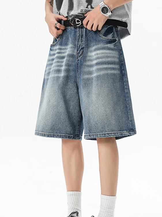 

Summer Thin Denim Short Pants Loose Fit Five-Quarter American High Street Style Straight Leg Jeans for Men Youth Casual Shorts
