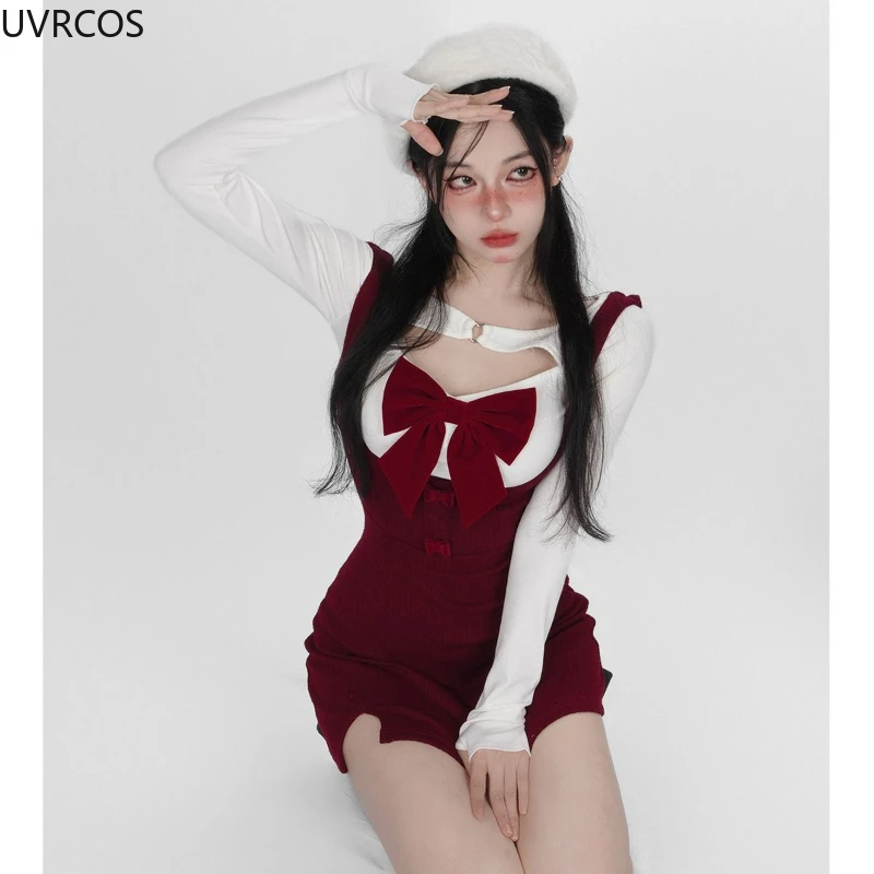 Kawaii Sweet Lolita Two Piece Set Women 2023 Japanese Sexy Hollow Out Bowhnot White Long Sleeve T Shirt Y2k Red Suspenders Dress