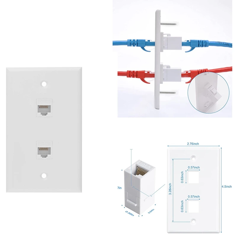 2 Cổng Ethernet Đĩa Treo Tường, Cat6 Nữ Để Nữ Tường Jack RJ45 Móc Nội Tuyến Nối Tường, Trắng