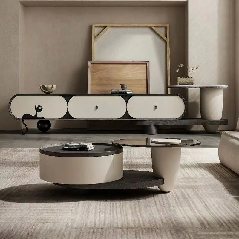 

2026 Modern solid wood TV cabinet and round coffee table set for living room furniture