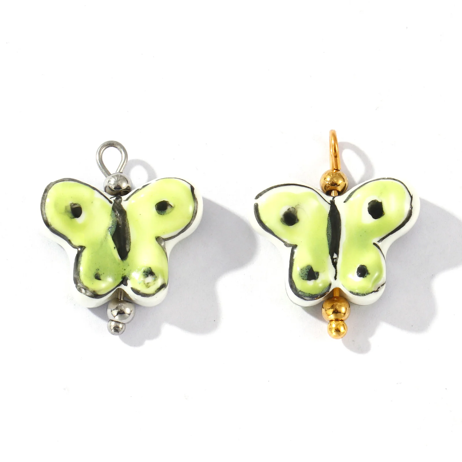 2Pcs Resin Insect Butterfly Charms Green Animal Painted 304 Stainless Steel Pendants For DIY Necklace Jewelry Making 20mm x 17mm