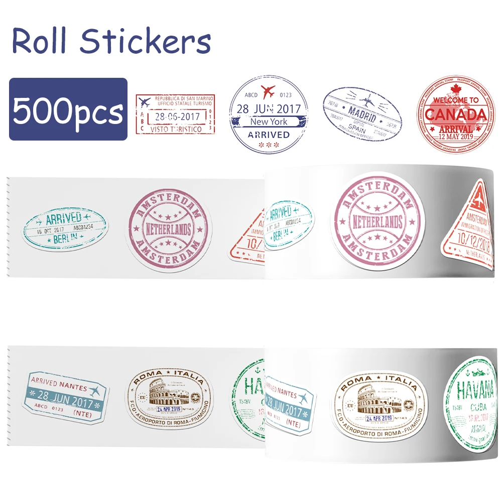 500pcs Colorful Passport Stamps Roll Stickers Decals For Phone Notebook Luggage Skateboard Guitar DIY Cartoon Aesthetic Stickers