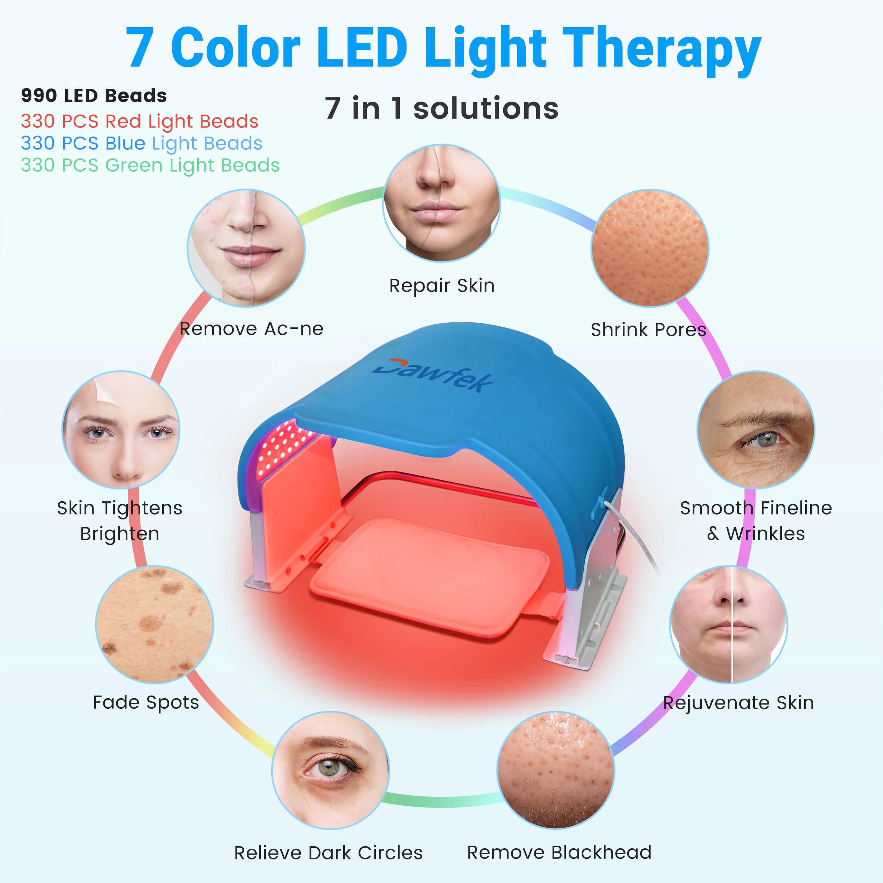 Dawfek Phototherapie-LED-Gesichtsmaske, Lichttherapie-Lampe, 7 Farben, 990 Perlen, Anti-Aging, Akne, Hautverjüngung