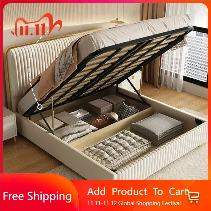 Vintage Pretty Elegant Double Bed Modern Storage Leather Queen Size Double Bed Loft Beauty Computer Muebles Unique Furniture