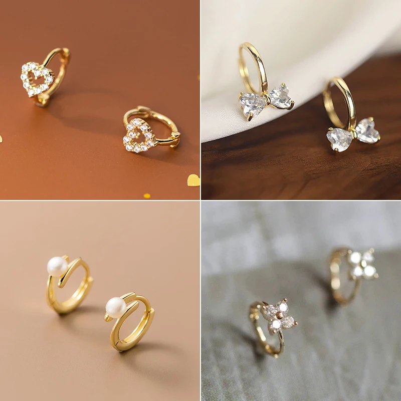 1Pair Small Shiny Zircon Heart Bow Flower Crystal Hoop Earrings For Women Girls Fashion Party Charming Jewelry Gift