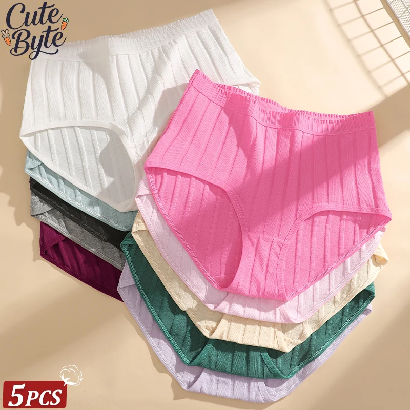 5 Stück/Set Damen Baumwoll-Slips, Damen High-Waist Gestreifte Unterhosen, Atmungsaktive Komfortable Unterwäsche, Übergröße, Mehrfarbige Lingerie