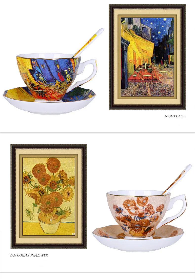 Van Gogh Art Painting Coffee Cup Mug Tea Mugs With Spoon Saucer The Starry Night, Sunflowers, Sower, Irises Saint-Remy Xmas Gift