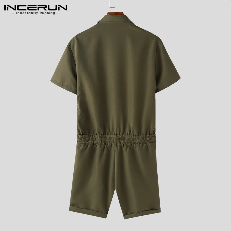 INCERUN Men Rompers Solid Color Lapel Short Sleeve Drawstring Casual Jumpsuits Men Summer Streetwear 2024 Fashion Male Overalls