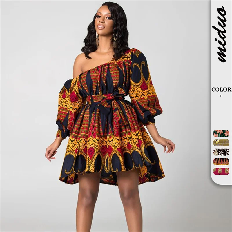 

African Dresses Women Sexy Shoulder Off Mini Dress Dashiki Tribal Print Africa Dress Women African Clothes Robe Africaine Femme