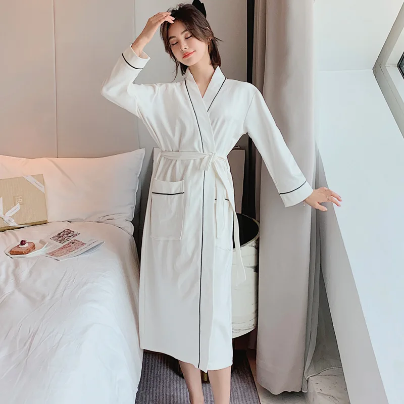 White Pure Cotton Long Sleeve Sleepwear Robe Unisex Summer Loose plus Size Beauty Salon Bathrobe V-Neck Home Comfortwear