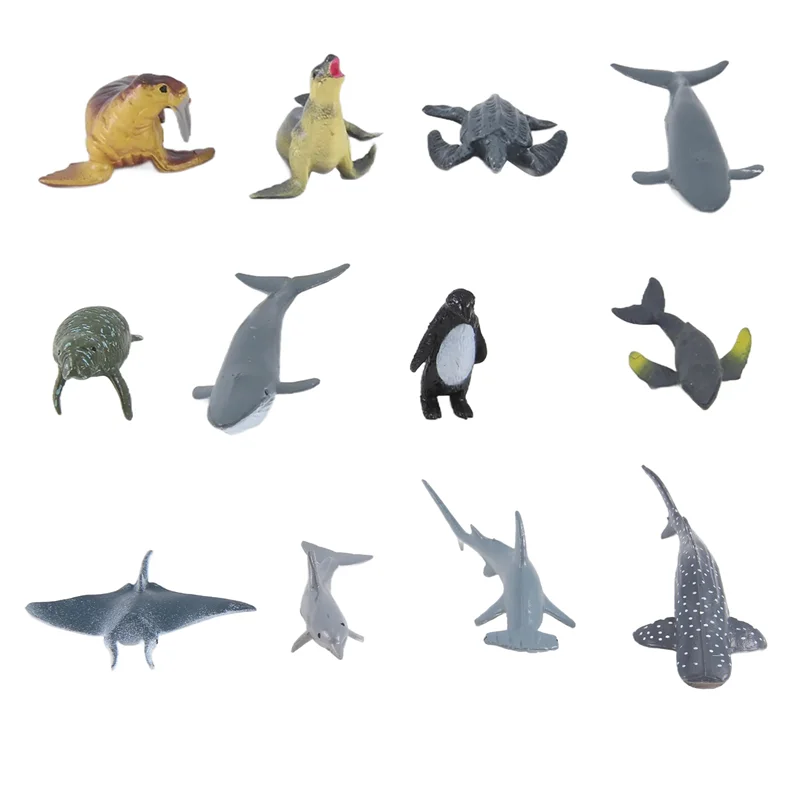 12 ชิ้นการจําลอง Mini สัตว์ทะเลฟันยักษ์ Shark Killer Whale Blue Whale Shark Penguin Dolphin รุ่น