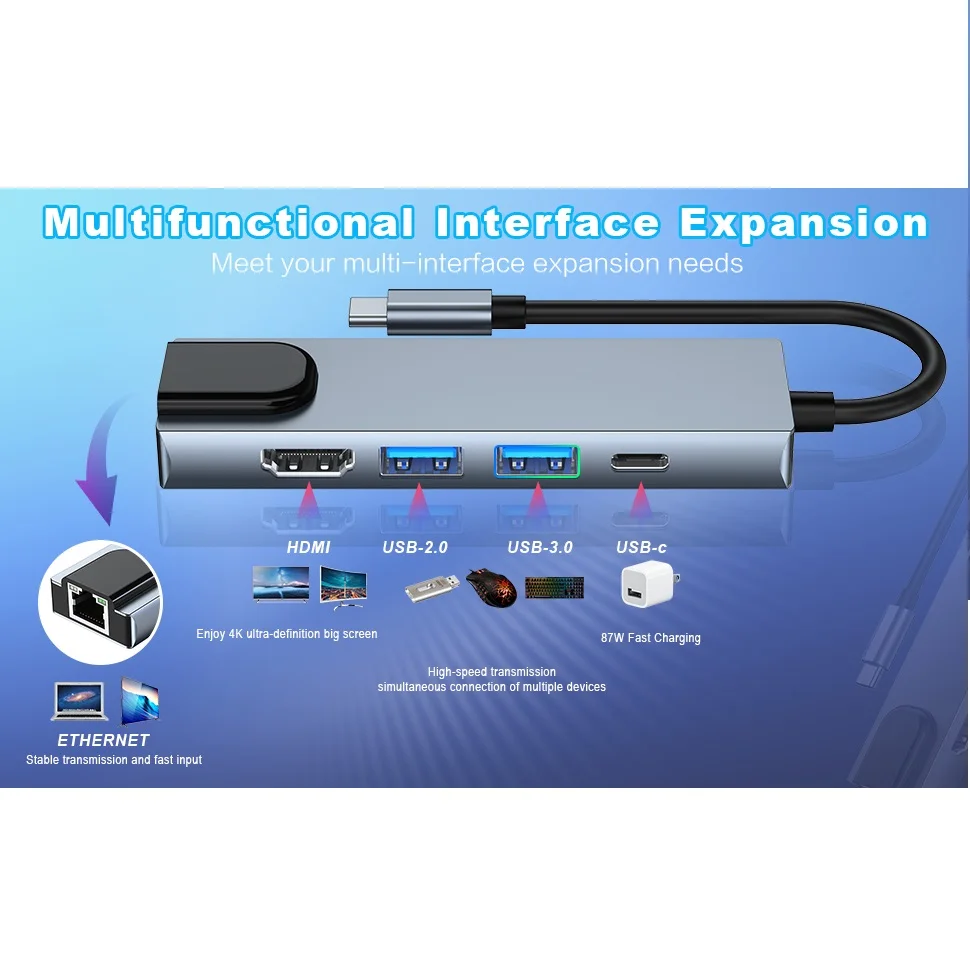 Adaptador multiportas compatível com HDMI USB tipo C, Hub 5 em 1, USB 3.0, 2.0, RJ45 Ethernet, Portas de carregamento PD