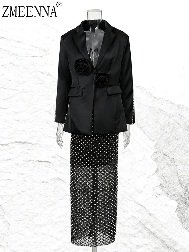 

ZMEENNA Womens Two Piece Set Satin Blazer Flower Applique Mesh Maxi Skirt Long Sleeve Party Outfits Black ZM4345