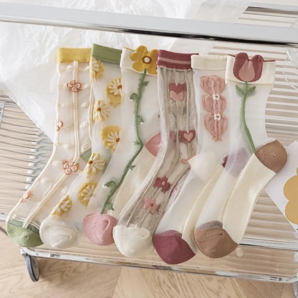 

Women Ultra-thin Breathable Crystal Silk Socks See Through Transparent Nylon Long Socks Embroidery Floral Cute Lace Socks