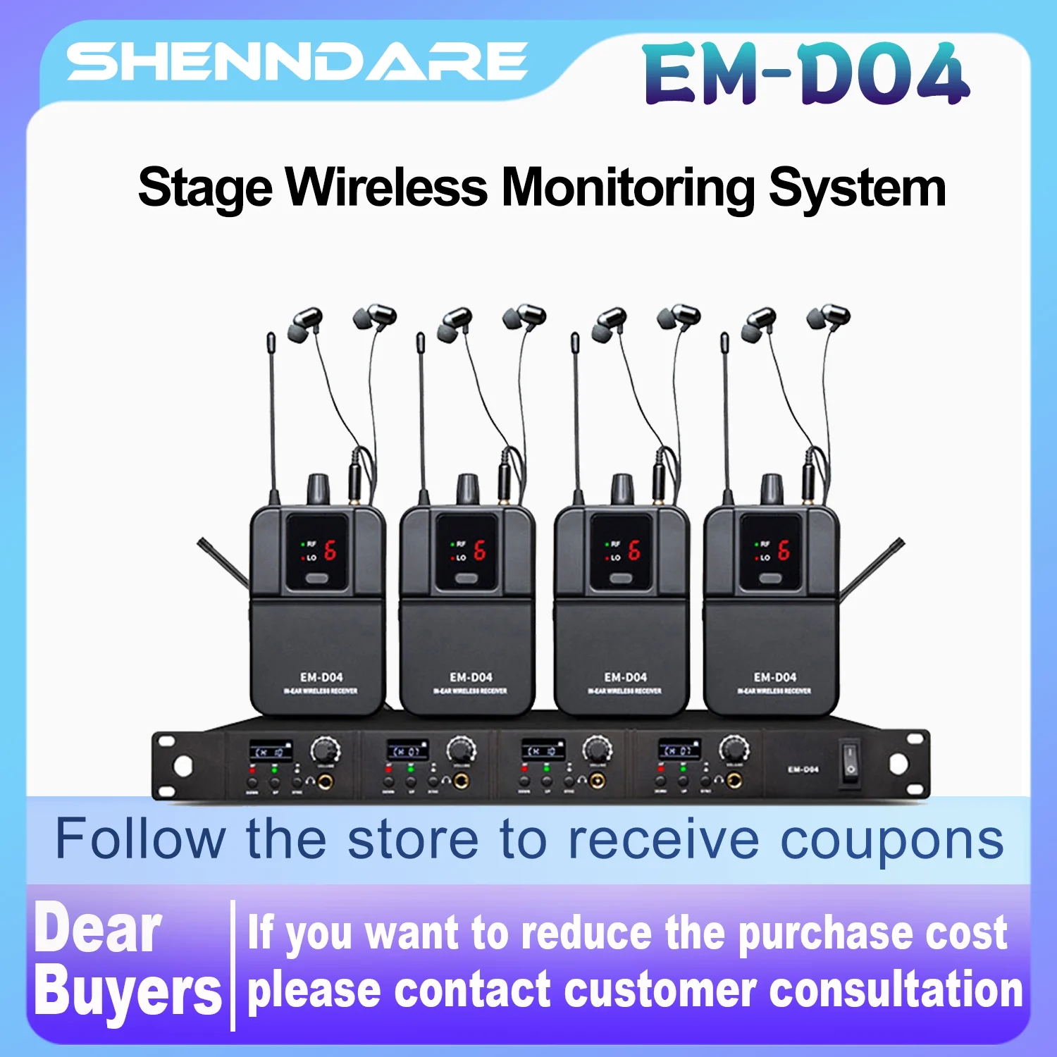 Sistema de monitoreo intraauricular inalámbrico de 4 canales EM-D04 de ShennDare Sistema de monitoreo mono de frecuencia ultraalta Sistema amplificador de retorno de oído para presentaciones en el escenario