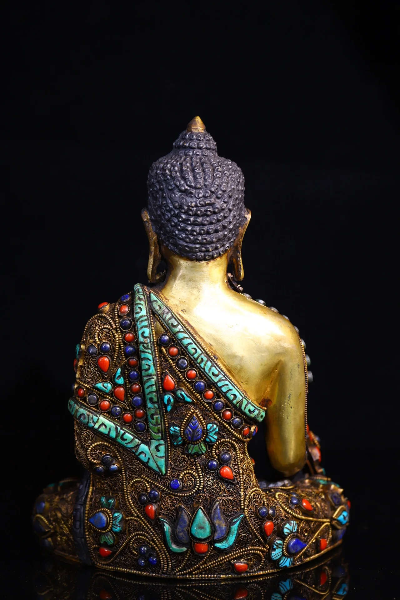 Old Natural Crystal Tibetan Silver Outline in gold Mosaic Gem Turquoise Medicine Buddha Worship Hall
