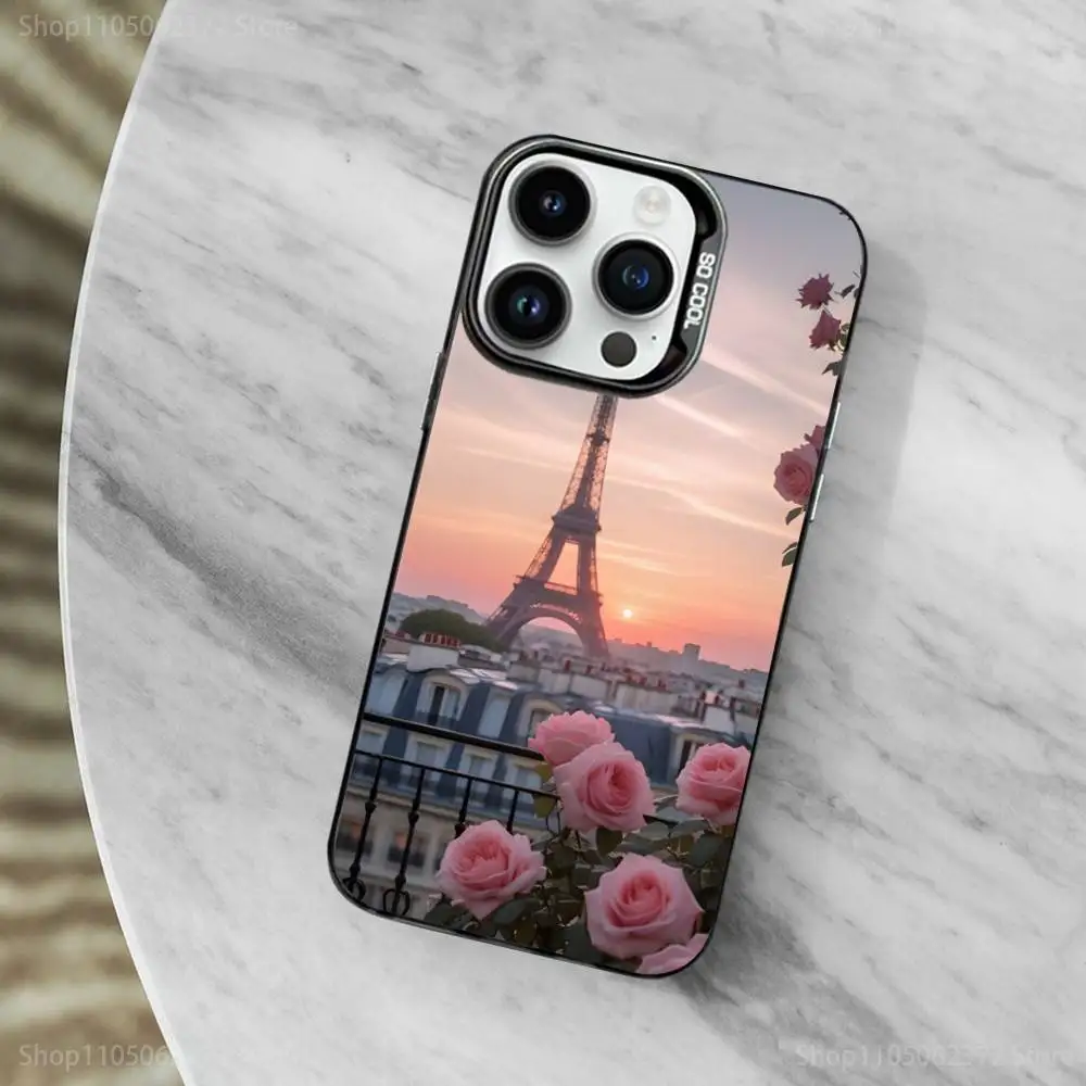 Custodia per telefono romantica Torre Eiffel di Parigi per iPhone 11,12,13,16,14,15, Mini,Pro,XS,MAX Cover antiurto nera opaca