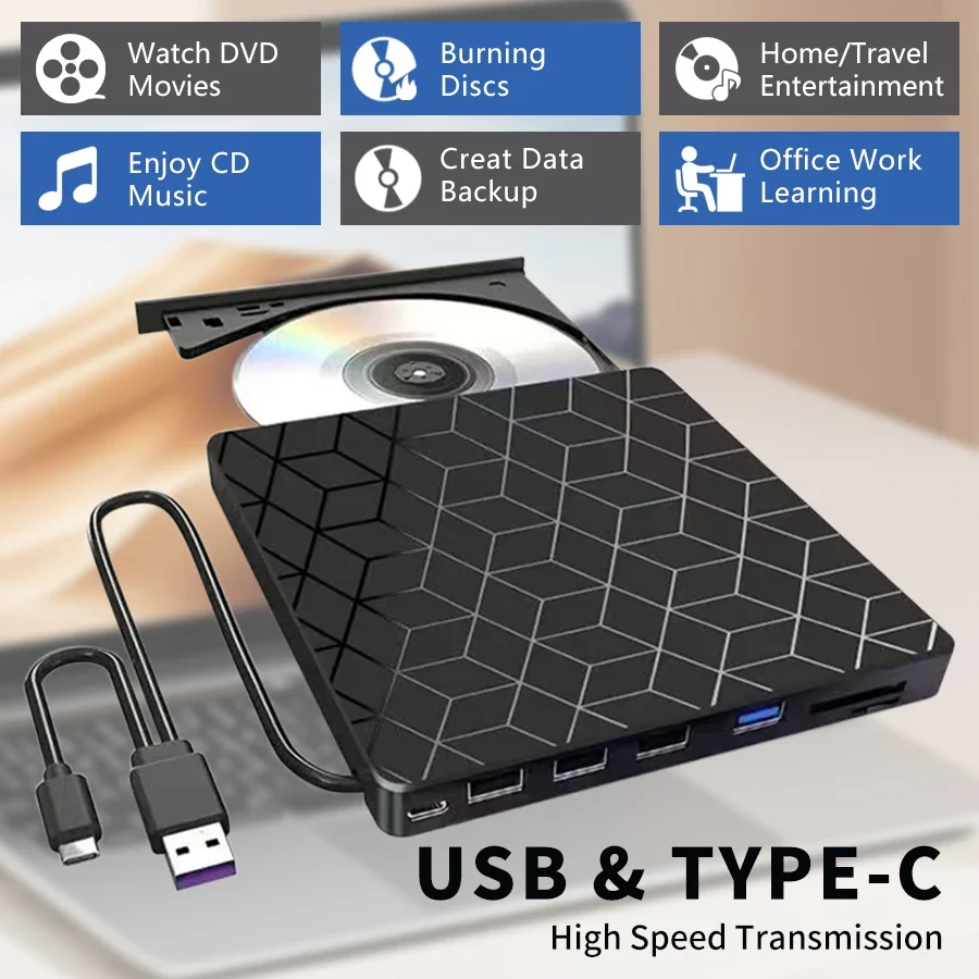 

7-в-1 DVD-рекордер с оптическим приводом, CD/DVD-плеер, USB 3.0/Type-C, внешний DVD-рекордер, портативный проигрыватель для ноутбуков и настольных ПК