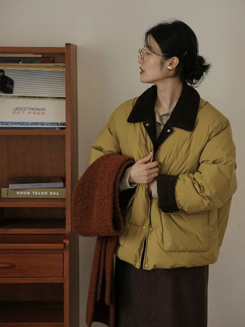 

Solighter White Du down ort Puffer Jaet Women's Winter New Sle Retro Color Blo Collar Small Size Thi Outerwear