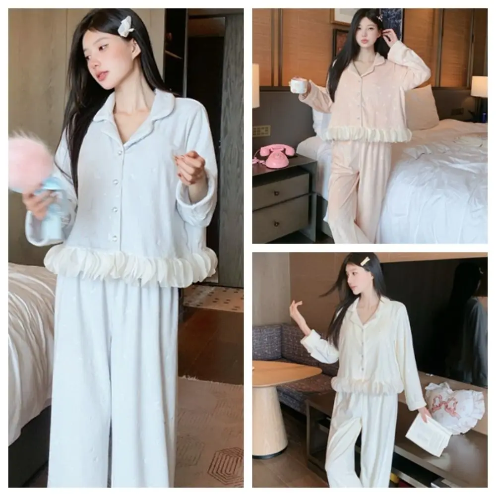 

Soft Long Sleeve Bow Pajamas Set Winter Sweet Velvet Pajamas Suit Casual Ruffle Warm Thicken Sleepwear Girl