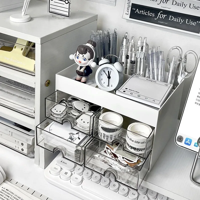 

Desktop Transparent Cosmetics Storage Box Desktop Organizer with Drawers Pen Holder Stationary Storage Rack for Office Desks