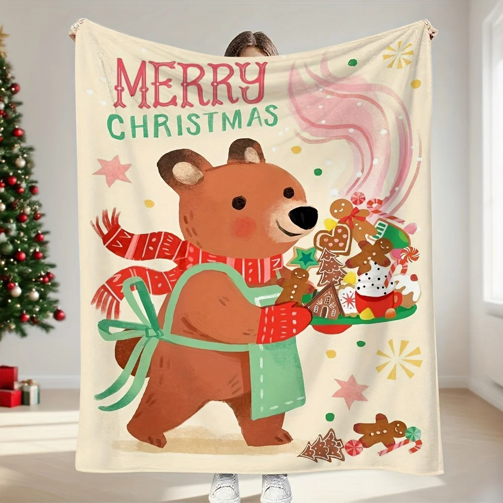 

1pc Bear Plush Toy & Blanket Set - Cozy Flannel Bedspread with Smiling Bear, Gingerbread Cookie & Candy Cane Design, Beige & Gre