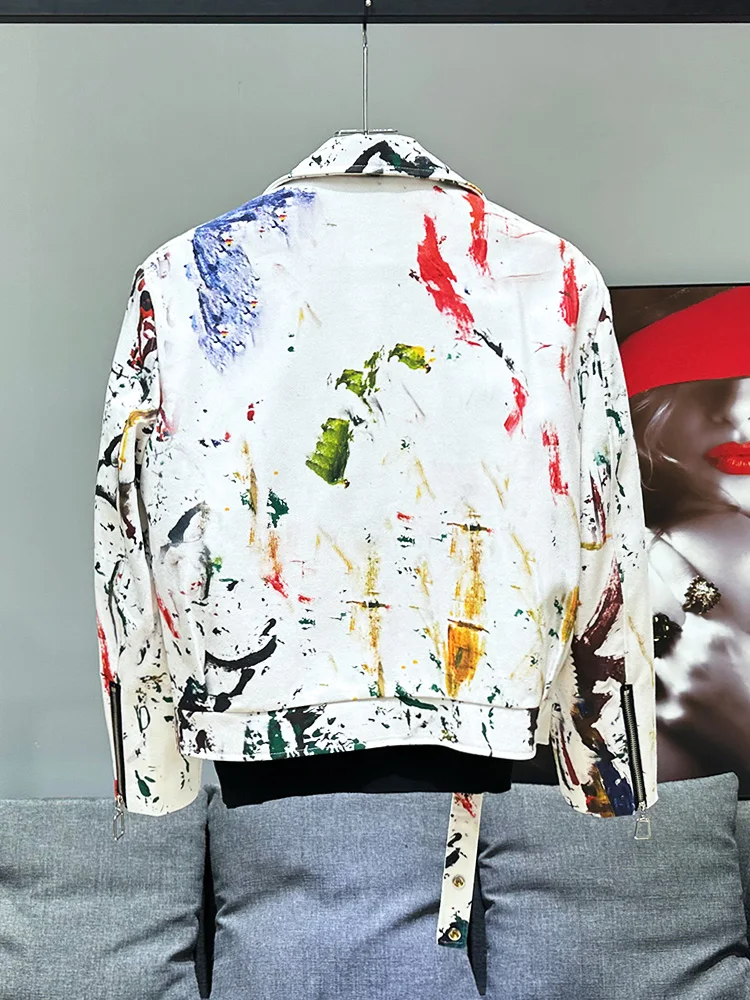 Graffiti Printing Jacket Men\'s Short 2024 New Fashion Splash-Ink Craft Fashion Zipper Motorcycle Jackets Trendy Male Chic Coats