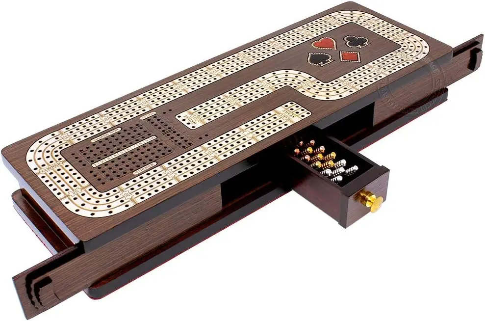 

Cribbage Board/Box inlaid in Wenge Wood/Maple : 4 Track - Cards & Pegs Storage Drawer with Score marking fields for S