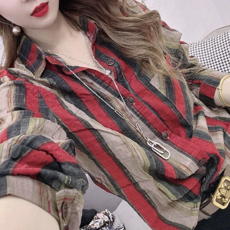 

Korean Commute 2024 Spring and Autumn New Shirts Women's Spliced Polo Neck Button Striped Loose All-match Long Sleeve Shirt Tops