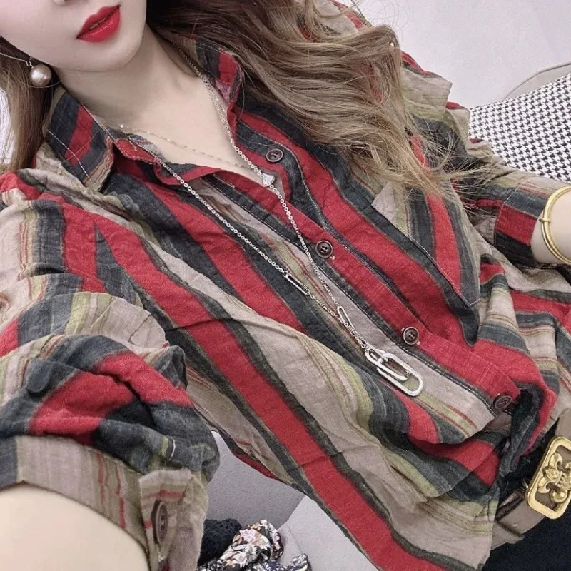 Korean Commute 2024 Spring and Autumn New Shirts Women\'s Spliced Polo Neck Button Striped Loose All-match Long Sleeve Shirt Tops